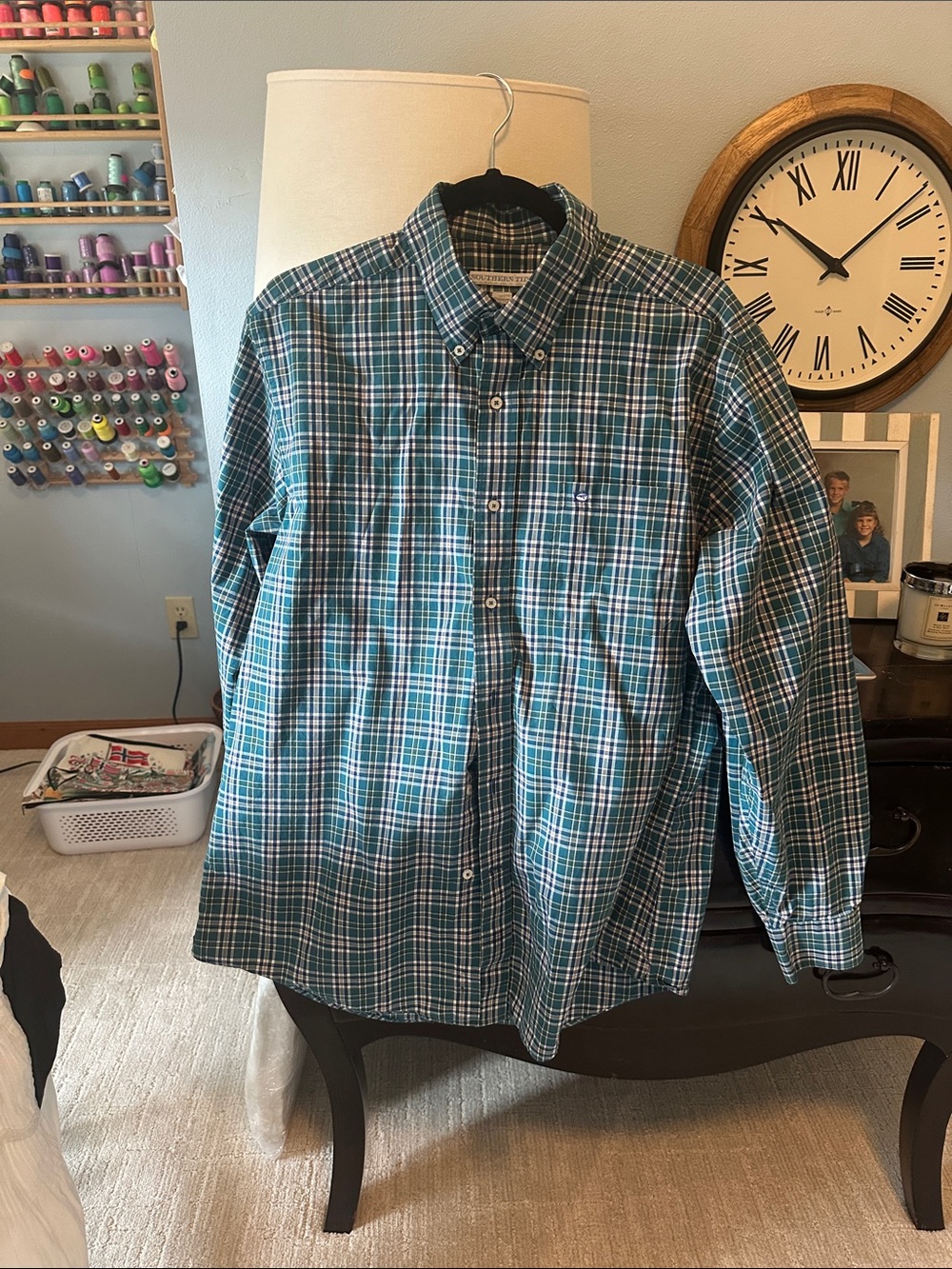 Southern Tide Green and Navy Plaid Button-Down Shirt, men’s size large